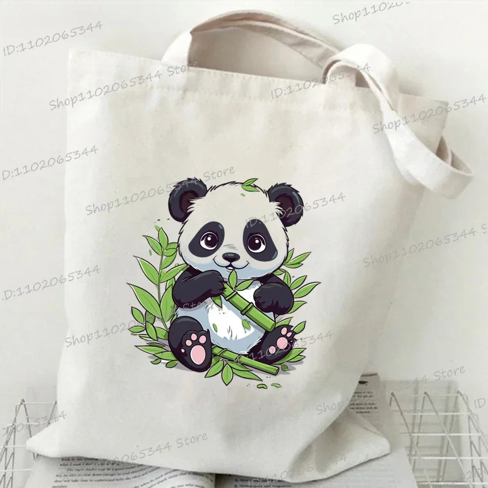 Canvas Bag for Women Cartoon Panda Printed Shopper Handbags Storage Reusable Canvas Shoulder Bag China Panda Female Tote Bag 9