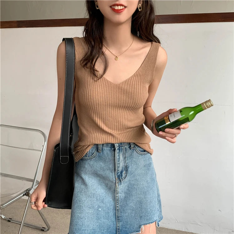 Solid Color Basic Women's Vest Tank Top Solid Color Knitted Tees Top Cropped Top Camisole Sweater V-neck Summer Sleeveless