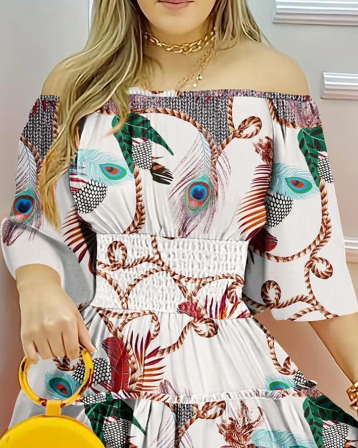 Women's Elegant Floral Print One Shoulder High Waist Dress Temperament Commuting 2024 Summer New Female Fashion A-Line Dresses