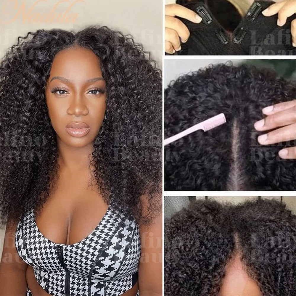 Glueless Kinky Curly V Part Wig Human Hair No Lace Wig Deep Wave Frontal Wig Water Wave Human Hair Wig Brazilian Hair For Women Badiee Stylez