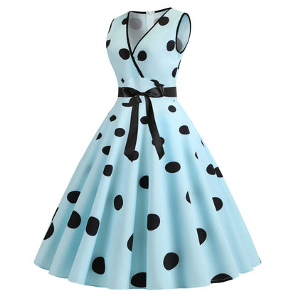 Summer V-neck sleeveless polka dot lace-up waist tucked vintage swing dress
