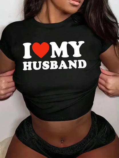 Cropped I Love My Husband Print Crew Neck T-shirt Y2K Short Sleeve Crop Top for Spring Summer Women's Clothing