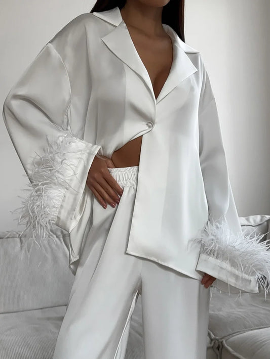 Marthaqiqi Feathers Female Nightgowns Suit Sexy Turn-Down Collar Sleepwear Long Sleeve Nightwear Pants Fashion Women Pajamas Set