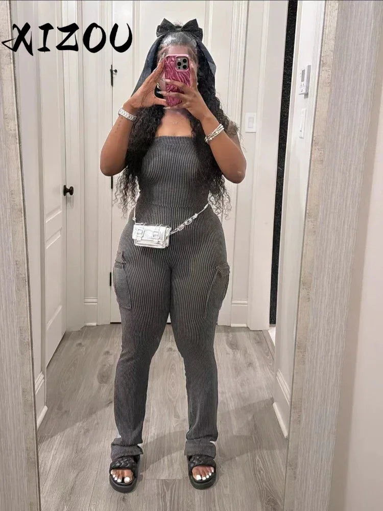 XIZOU Elegant Off Shoulder Strapless Knitted Pockets Girl Jumpsuits Women's Fitted Overalls Outfits Night One Piece Rompers