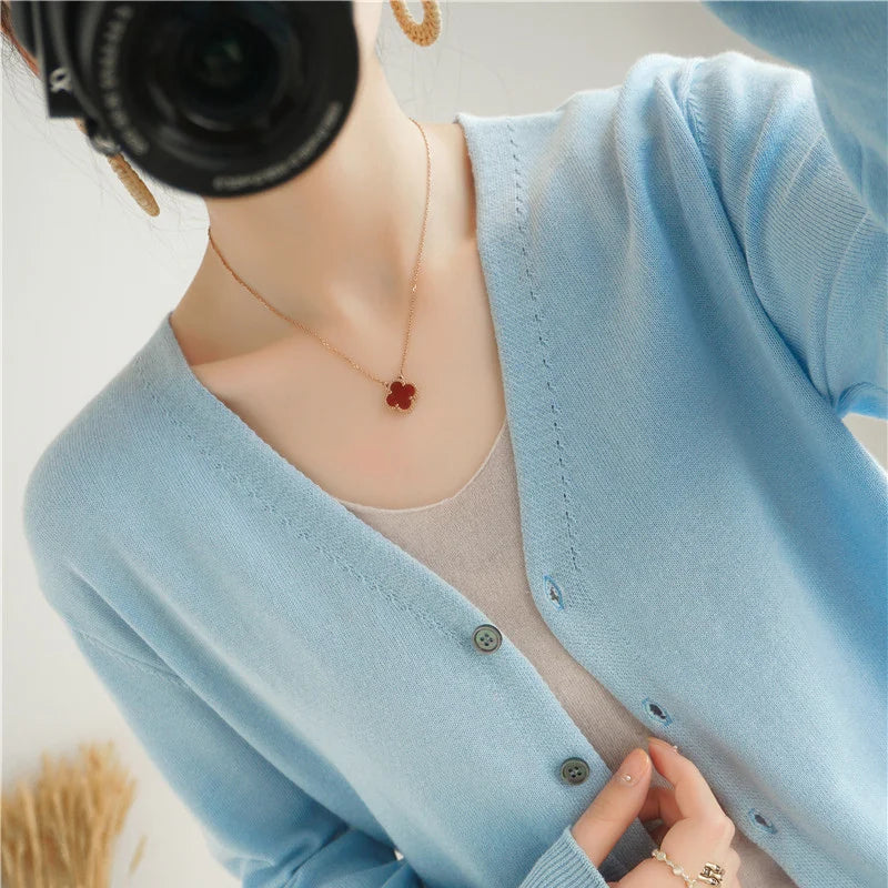 100% Cotton Line Long Sleeve V-Neck Knitted Cardigan Women Loose Short Solid Color Simple Sun Protection SMY K61 tian lan se
