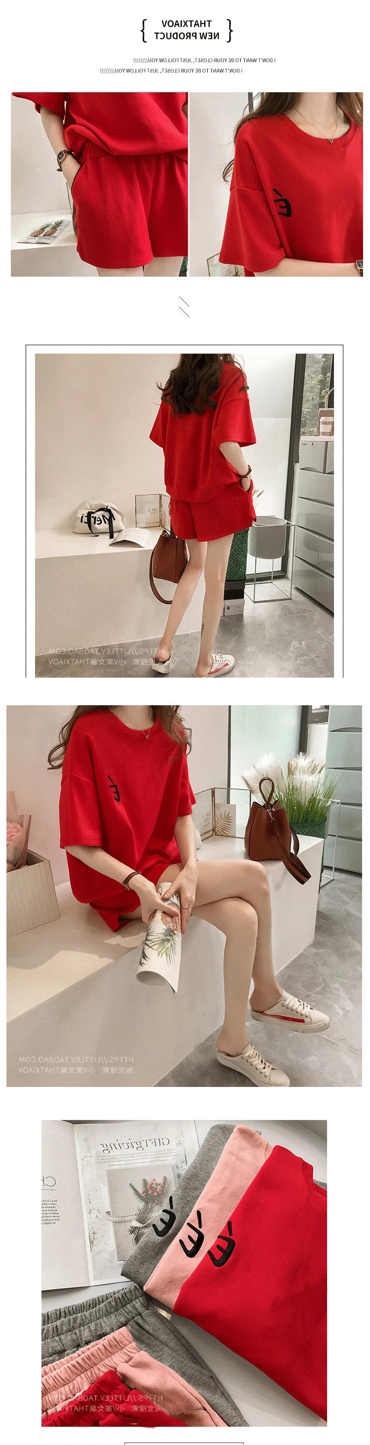 Red Two piece Cotton Women's Sportswear Set 2025 Summer New Round neck Short sleeved Top+Shorts Women Loose Casual Clothing