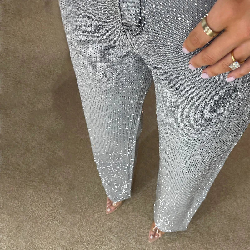 Y2k Women Shiny Rhinestone Denim Pants Wide Leg Straight Full Diamond Jeans for Female Dragging High Street Outwear Trousers