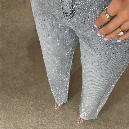 Y2k Women Shiny Rhinestone Denim Pants Wide Leg Straight Full Diamond Jeans for Female Dragging High Street Outwear Trousers