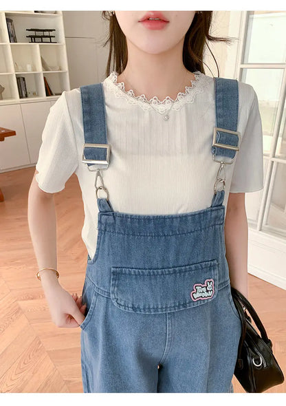 Denim Jumpsuit Rabbit Ears Cute Girl Chic Wide Legs High Waist Loose Korean Japan High Street Solid Jump Suits Women