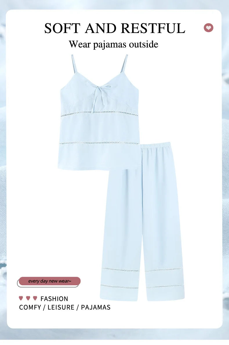 Women's Sexy Pajamas Set V-Neck Strap Suit Elegant Minimalist Faux Cotton Bow Sleeveless Top Long Pants Sleepwear Bra Pads