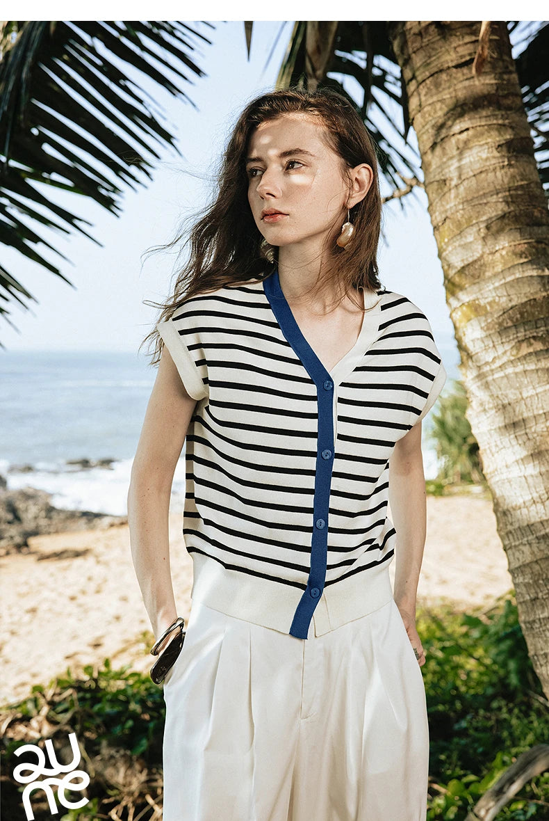 TOYOUTH Women Knitwear 2025 Summer New Short Sleeve Striped Contrast Color Pullover Tops 8523018