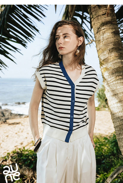 TOYOUTH Women Knitwear 2025 Summer New Short Sleeve Striped Contrast Color Pullover Tops 8523018