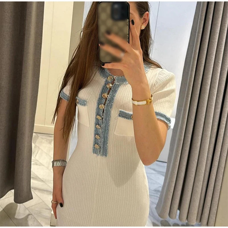 Elegant Denim Patchwork Knitted Long Dress Women Fashion V Neck Short Sleeved Buttons Bodycon Dresses Female White Pockets Robes