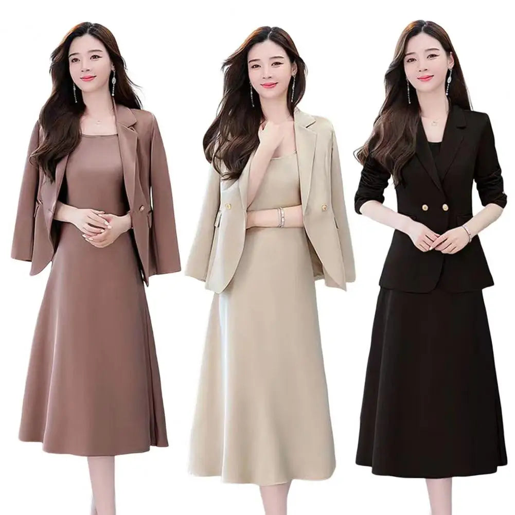 2Pcs/Set Summer Women Suit Dress Outfit Solid Color Mid-length Lady Dress Sets Light Luxury Commute Sling Dress Coat Set