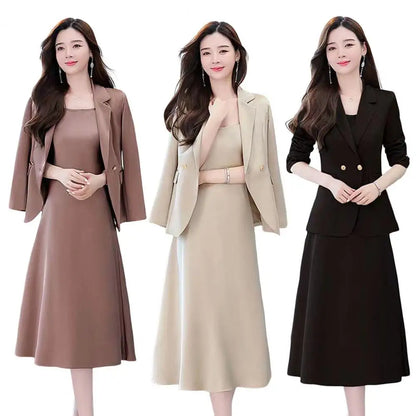 2Pcs/Set Summer Women Suit Dress Outfit Solid Color Mid-length Lady Dress Sets Light Luxury Commute Sling Dress Coat Set