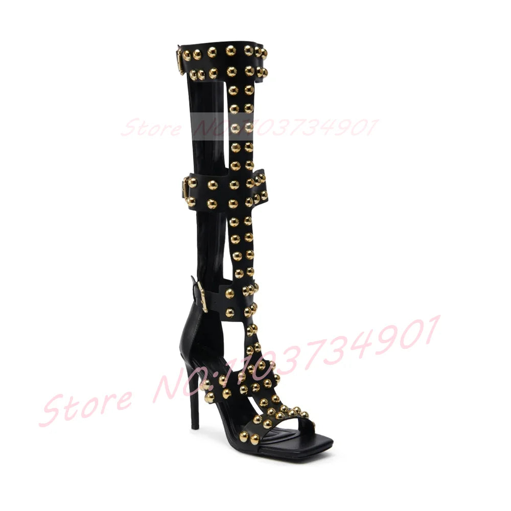 Gold Dome Studs Sandals Women Party Gladiator Open Toe Belt Buckle Zipper Knee High Shoes Female Sexy Black High Heels Sandals
