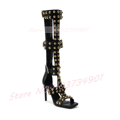 Gold Dome Studs Sandals Women Party Gladiator Open Toe Belt Buckle Zipper Knee High Shoes Female Sexy Black High Heels Sandals