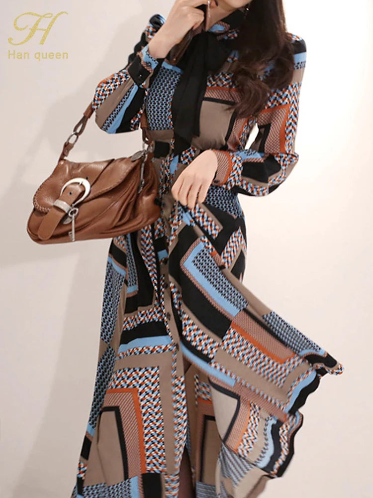 H Han Queen Vintage Print Elegant Long Dress Women Spring Single-breasted Shirt Dresses Waist Swing Ankle-length Vestidos