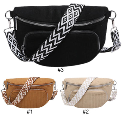 Corduroy Chest Bag Fashion Fanny Pack Wide Guitar Strap Casual Waist Bag Multi-pockets Hobo Sling Bag Outdoor Travel Bag
