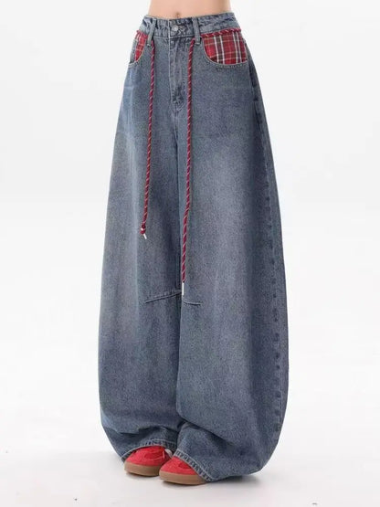 Y2K fashion retro cartoon embroidered women wide-leg jeans casual Harajuku loose pants street personality high-waisted jeans