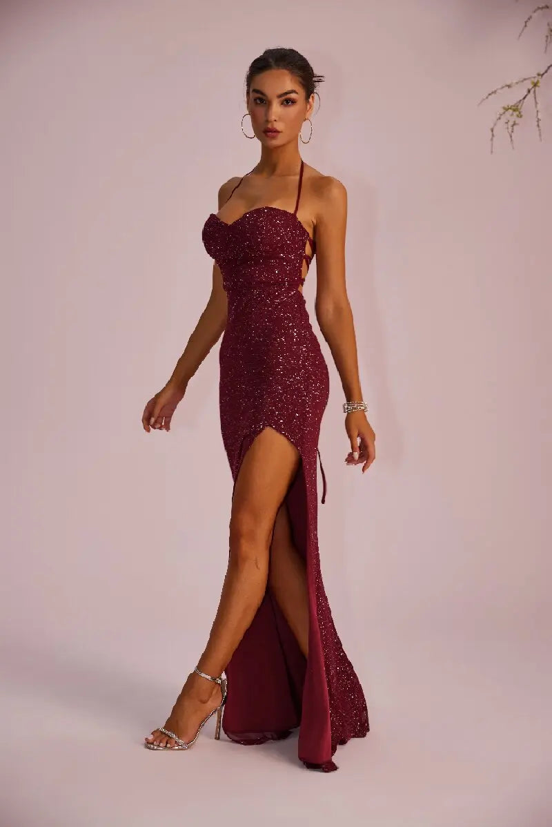 New wine red sequin fabric evening dress with no sleeves, tied straps, high slit, strapless style, essential for parties Badiee Stylez