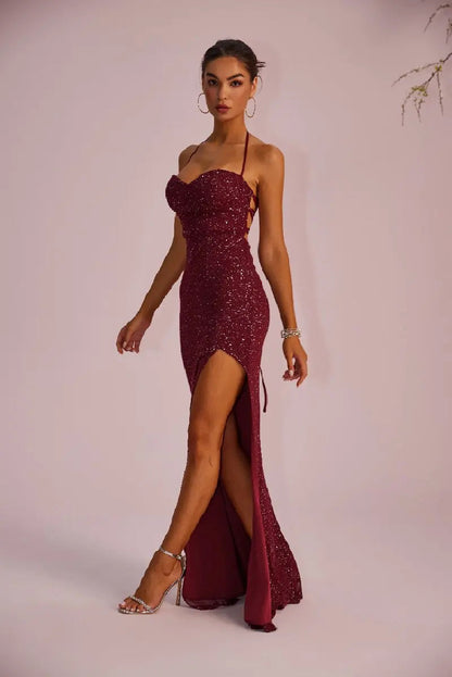 New wine red sequin fabric evening dress with no sleeves, tied straps, high slit, strapless style, essential for parties Badiee Stylez