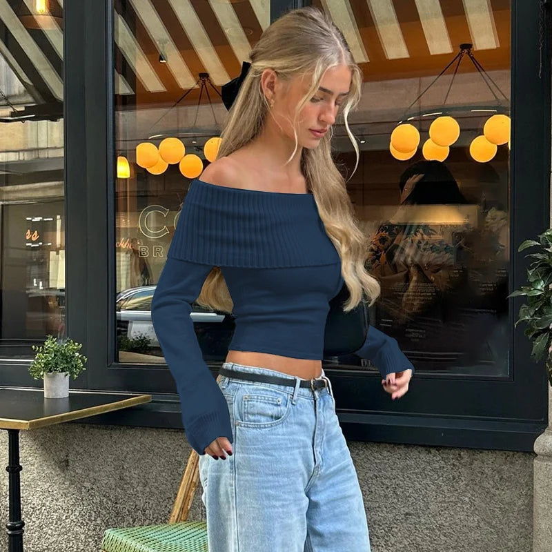 Candyhot Solid Elegant Off Shoulder Ribbed Crop Tops Autumn Fashion Casual Skinny Long Sleeve Camis Gentle Y2K Tight T-shirts