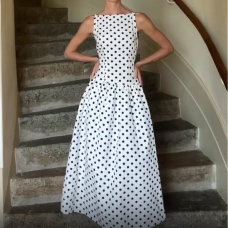 Fashion Polka Solid Slim Vestido Lady Elegant Chic Sleeveless Off Shoulder Pleat Square Neck Maxi Dress Summer Dinner Party Wear