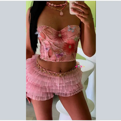 Flower Embroidery Bead Fish Bone Suspender Women Bra Sexy Exposed Waist Metal Buckle Top Party Vacation Female Tops 2025 Summer