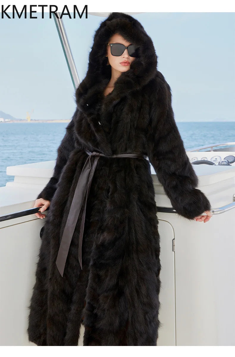 100% Natural Sable Fur Jacket Woman High Quality Long Real Fur Coat with Hood Winter Coats Women Clothing 2025 шуба женская Badiee Stylez