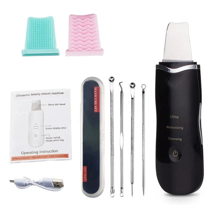 Electric Ultrasonic Skin Scrubber Vibration Face Spatula Peeling Blackhead Remover Facial Lifting Cleansing Ultrasonic Skin Care Black kit add gift