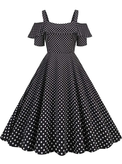 Off the Shoulder Elegant Vintage Party Dress Women Summer Polka Dot Ruffles A Line Midi Dresses Black 001