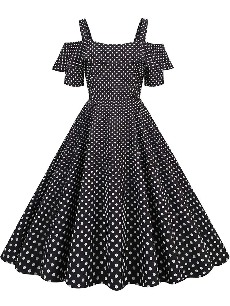 Off the Shoulder Elegant Vintage Party Dress Women Summer Polka Dot Ruffles A Line Midi Dresses Badiee Stylez