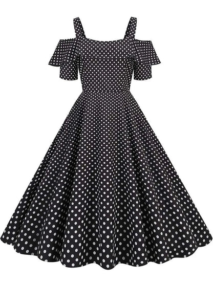 Off the Shoulder Elegant Vintage Party Dress Women Summer Polka Dot Ruffles A Line Midi Dresses Badiee Stylez
