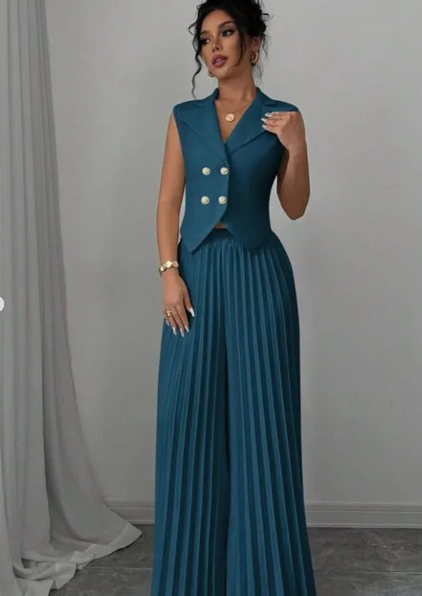 Women Fashion Solid Office Suit Casual Slim Button Two Piece Set Elegant Turn Down Collar Sleeveless Blazer&Pleat Pants Outfits