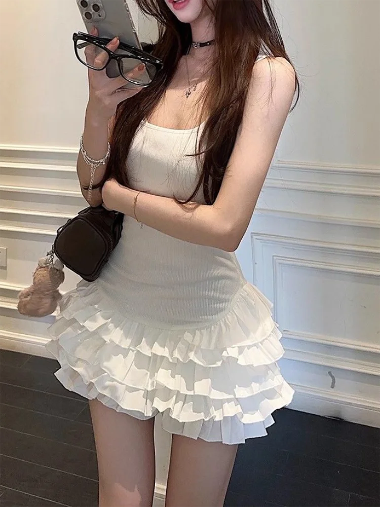 Chic Y2K Sleeveless Mini Dress For Woman Summer Black Dresses Sexy Clubwear Party Slim fit Ruffle Pleated Short Dress White