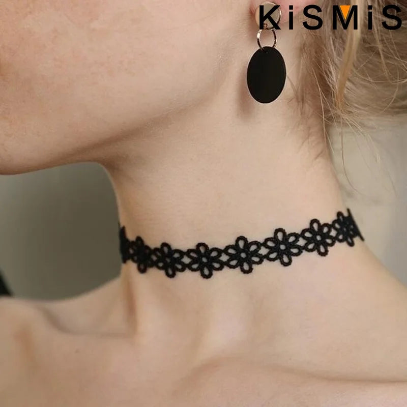 KISMIS 6Pcs/Set Black Lace Chokers Necklace Set Vintage Gothic Punk Elastic Necklace Women'S Jewelry 1Sets Badiee Stylez