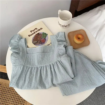 Fly Sleeve Sleepwear Women Pajamas Shorts Set Plaid Korean Kawaii Pijama Night Wear Ruffles Summer Home Suit Cute Sleeping 2024 green