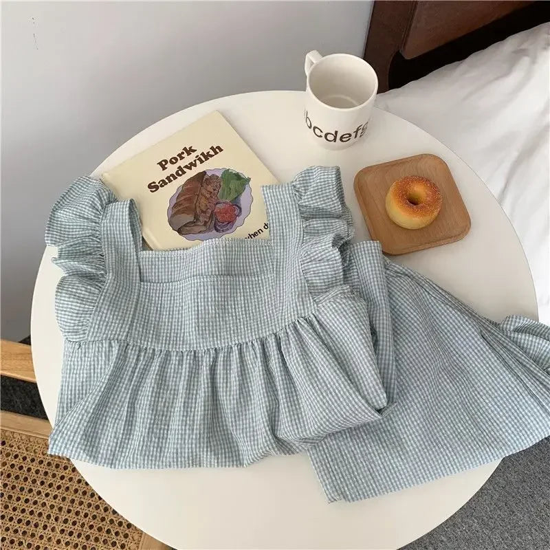 Plaid Sleepwear Women Pajamas Shorts Set Fly Sleeve Korean Kawaii Pijama Ruffles Summer Home Clothes Suit Sleeping Night Wear green