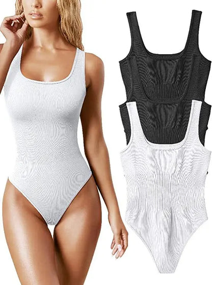 White Sports Tank Top Women Scoop Neck Off Shoulder Body Top Streetwear Ribbed Bodysuits Suit Slim Clothes Catsuit Clothing