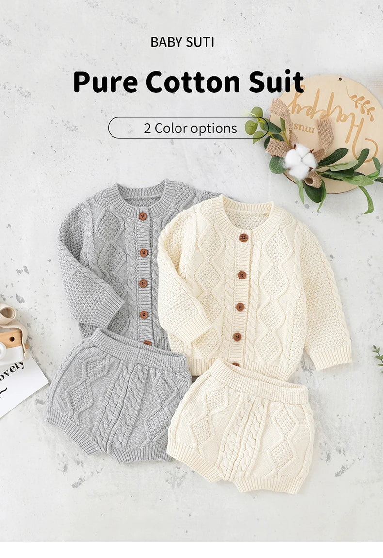 Baby Clothes Sets Cotton Knitted Newborn Boys Girl Sweater Long Sleeve +Pants Autumn Infant Children Cardigan +Shorts 0-18M 2PCS