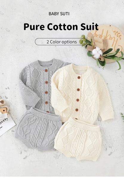 Baby Clothes Sets Cotton Knitted Newborn Boys Girl Sweater Long Sleeve +Pants Autumn Infant Children Cardigan +Shorts 0-18M 2PCS