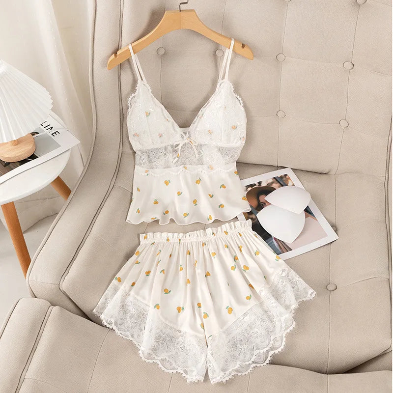 Summer Print Pyjamas Suit Women Sleepwear Lace Hollow Out Pajamas Set Sexy Strap Top&Shorts PJS Lingerie Satin Homewear Style-4
