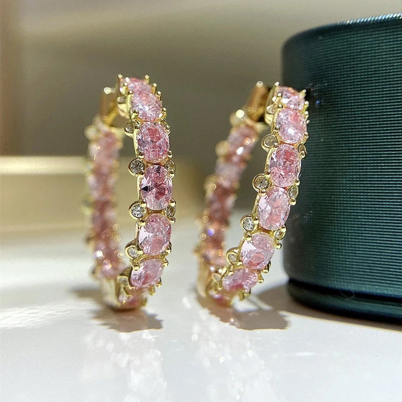 Huitan Luxury Trendy Pink/Green/Blue/Yellow CZ Hoop Earrings for Women Silver Color/Gold Color Hot Trendy Girls Jewelry Dropship