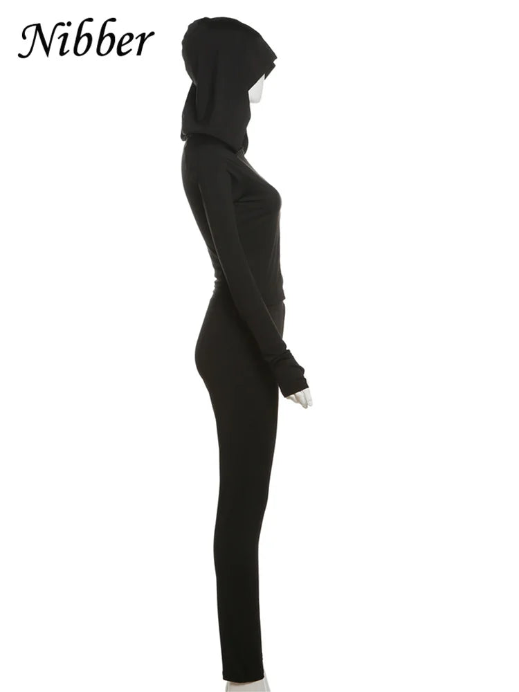 Nibber Sporty Casual 2 Piece Set Women Tracksuit Hooded Zip Crop Tops+Leggings Fitness Soft Stretch Streetwear Activity Suit