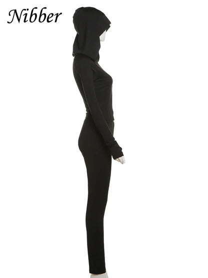 Nibber Sporty Casual 2 Piece Set Women Tracksuit Hooded Zip Crop Tops+Leggings Fitness Soft Stretch Streetwear Activity Suit