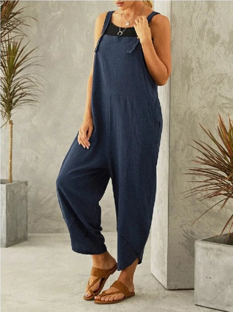 Women Loose Wide Leg Overalls Summer Adjustable Solid Color Cotton Linen Baggy Full Trousers Female Jumpsuits Oversized