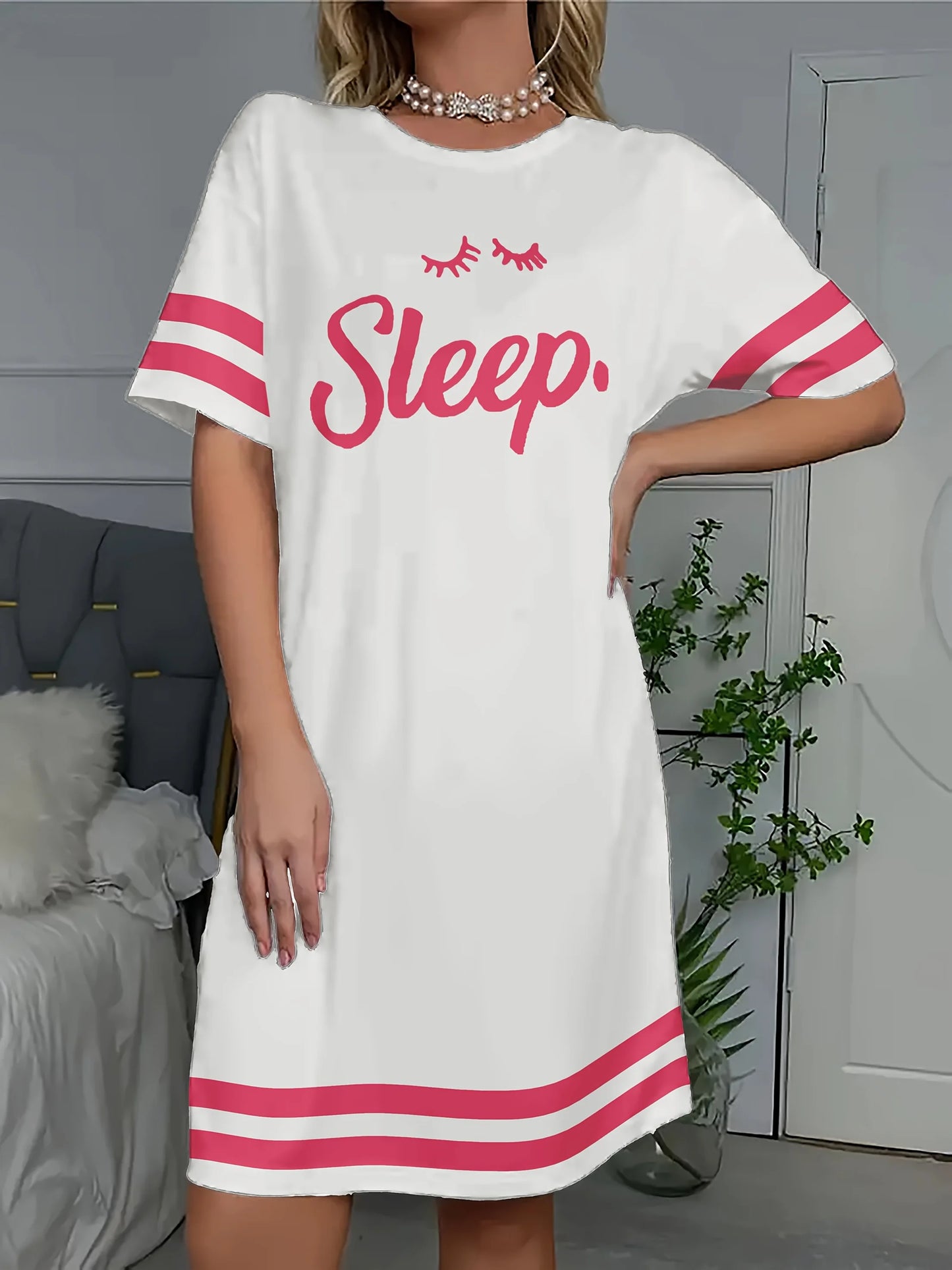 Plus Size Women's Casual "SLEEP" Graphic Print Sleep Dress Short Sleeve Crew Neck Lightweight Nightgown for Home & Outdoors