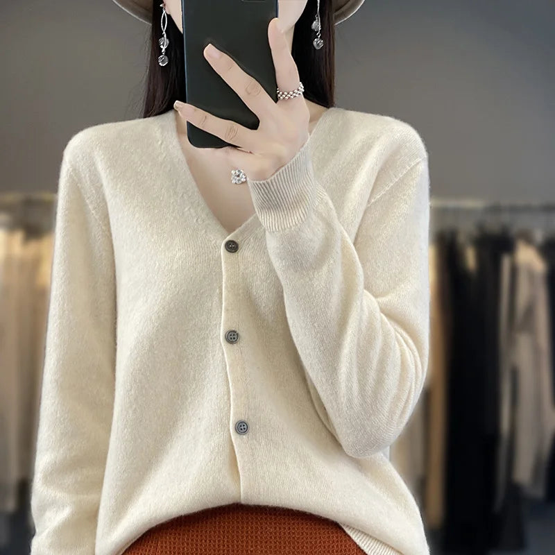 100 Merino Wool Knitted V-neck Sweater Women's Top Loose Korean Version Fashionable Versatile Autumn And Winter Cashmere Sweater