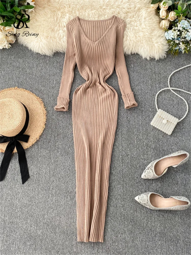 SINGRAIN Women Autumn Knitted Dress V Neck Sexy Slim Elastic Oversized Basic Bodycon Long Dress Winter knit Warm Sweater Dresses